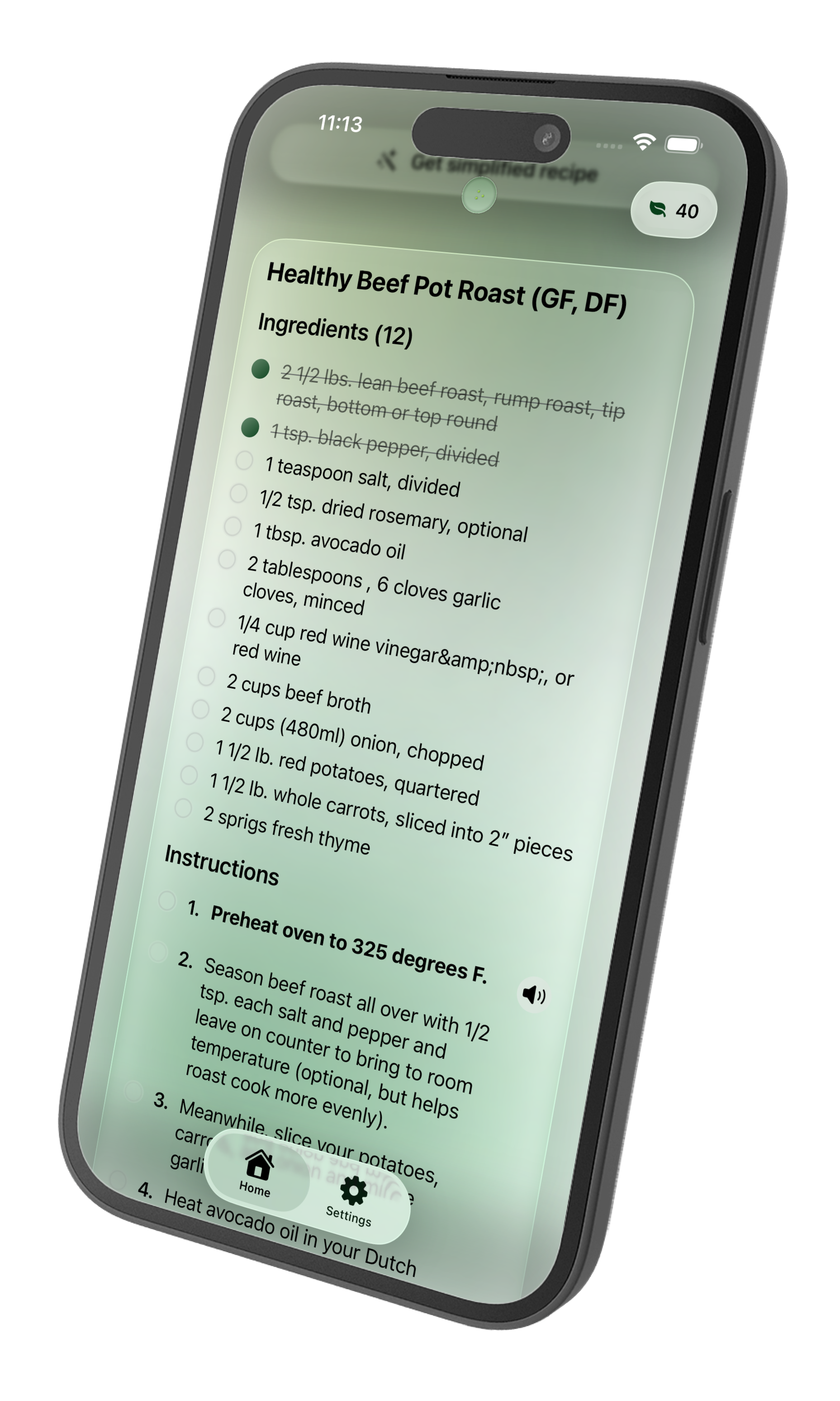 PeaPlate ingredients list with checkboxes